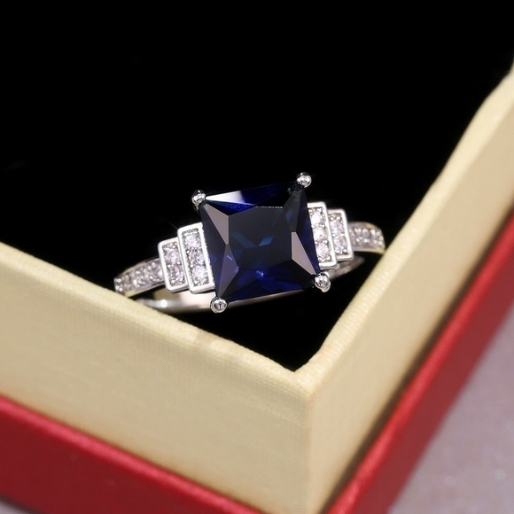Princess Cut 925 Blue Sapphire Solitaire Ring - Picture 9 of 11